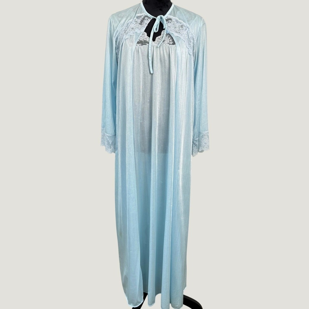Vintage Nylon Peignoir Set Nightgown Robe Womens Medium‎ Blue Lace Trim Ethereal